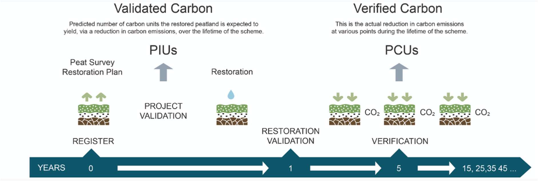 Peatland Code project lifecycle: from registration through PIUs to verified PCUs.